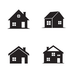 Four House Icons in Black and White Illustrating Different Architectural Styles