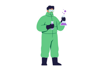 Figure in a green hazmat suit holds vials with purple liquid and bubbles indicating scientific research