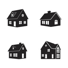 Four House Icons in Black and White Illustrating Different Architectural Styles