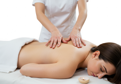Therapist giving a relaxing back massage to a woman isolated on transparent background