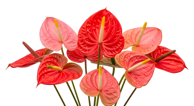 Vibrant Red and Pink Anthurium Blooms with Transparent Background,  Exotic Flowers Isolated on Black for Design Projects