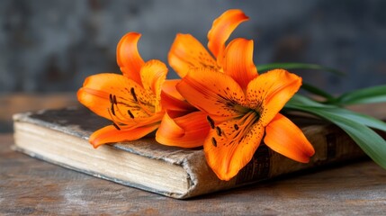A burst of color: orange lilies laid on a dusty stack of novels © savittree