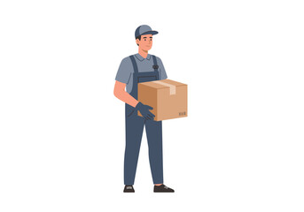 Man in work clothes and cap carries a brown box