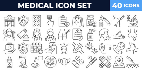 Medical line icon set isolated on white background. Flat vector illustration of healthcare, hospital, treatment and prevention symbols. Editable elements for infographics, websites, apps, and print