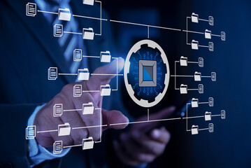 Businessman using computer touching to AI or Artificial intelligence process with technology processor to planning business information data, tech, network corporate concept. Data analysis of document