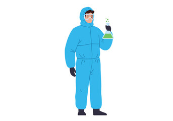 Person in blue hazmat suit holding beaker with green liquid