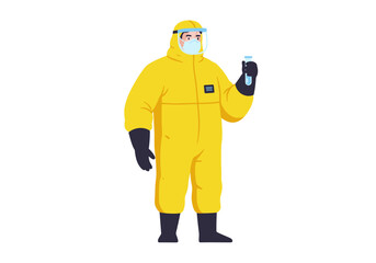Fototapeta premium Person in yellow hazmat suit holds test tube wearing gloves mask shield