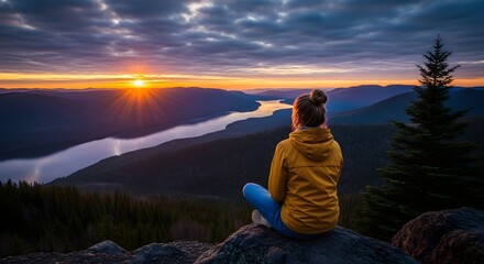 Woman sitting on rock, watching beautiful sunset over mountain lake. Serene outdoor scene for travel and meditation concept.