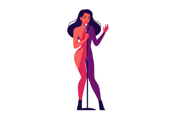 Singer with a retro microphone illustrated in contrasting color blocks standing on a white background