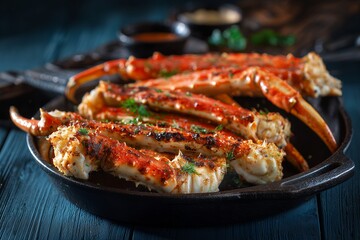 
Grilled King Crab Legs with Herbs and Dipping Sauces on a Dark Platter