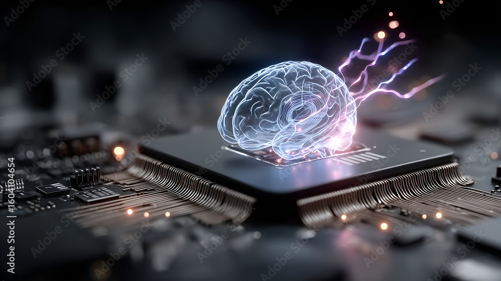 Poster brain on circuit board: an artistic depiction of a brain nestled on a high-tech circuit board, highl