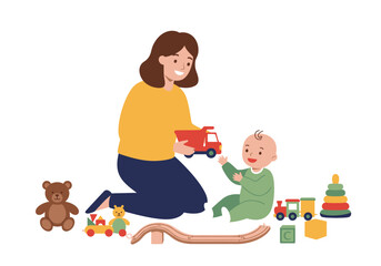 Woman kneels offering a toy truck to a baby amidst other toys