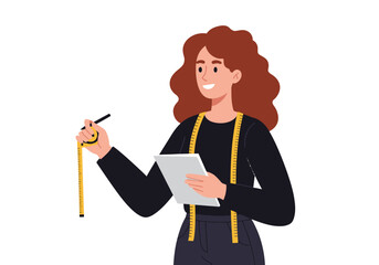 Woman with wavy red hair holding a tape measure and a tablet wearing suspenders