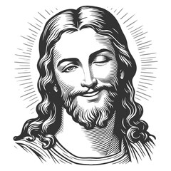 Jesus Christ with a crown of thorns, smiling and winking playfully, surrounded by a radiant halo sketch engraving fictional character vector illustration. Scratch board. Black and white.