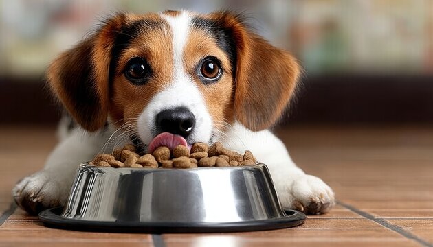Adorable dog with expressive eyes joyfully indulges in a bowl of kibble, a heartwarming moment.
