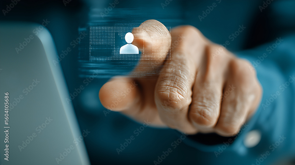 Poster finger taps user icon: a close-up shot captures a finger gently tapping a user icon on a digital int