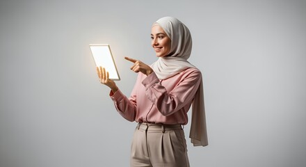Smiling Muslim Woman Using Tablet, Technology, Modern