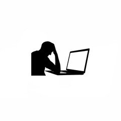 Silhouette of person frustrated at laptop screen on white background