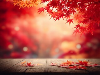 秋の楓が彩る木製テーブルと幻想的な背景の紅葉風景
