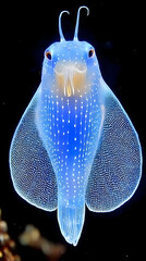 Close-up of a luminous, pale-blue sea creature
