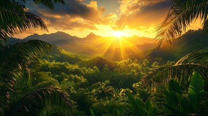 Tropical paradise lush valley with palm trees and mountain range under golden sunset