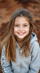 Smiling young girl with brown hair wearing a gray hoodie outdoors.