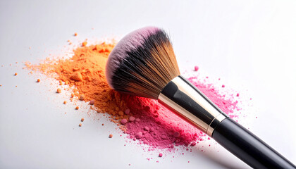 Cosmetic Brush and Powder Palette: A meticulously captured close-up shot reveals a makeup brush nestled in a colorful blend of cosmetic powder.
