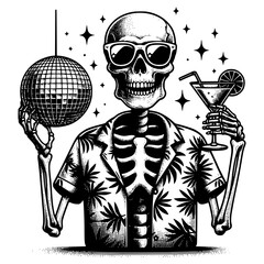 Skeleton in Hawaiian shirt with cocktail and disco ball, vacation and leisure concept. Vector illustration.