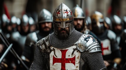 A knight in full armor with a red cross emblem on his chest. He stands resolute, surrounded by other armored figures.