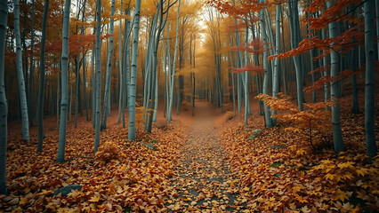 Path through Autumnal Woods: A scenic view captures the serenity of a pathway winding its way through a forest in the embrace of fall, with leaves painted in shades of orange and brown.