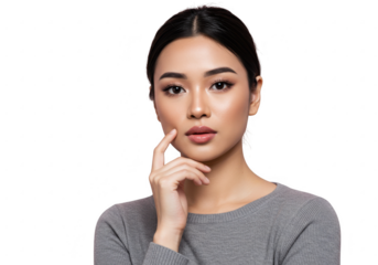 Young asian woman pensive pose isolated on transparent background