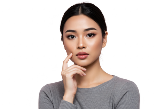 Young asian woman pensive pose isolated on transparent background