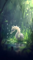 Gentle seahorse in a lush underwater forest
