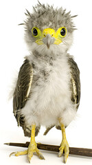 A fluffy baby bird, standing upright, against a white background.  Focused on its face, feathers and tiny feet