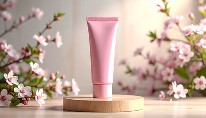Pink Beauty Product in Floral Display: A minimalist beauty product tube of soft pink hue sits gracefully on a wooden pedestal, encircled by blossoming cherry branches.