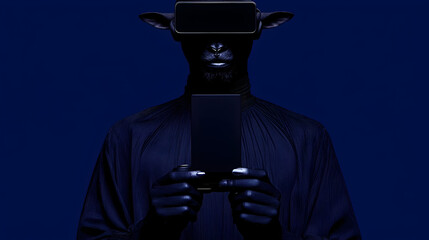 A stylized figure, possibly a person, wearing a VR headset and holding a phone.  Dark, dramatic lighting