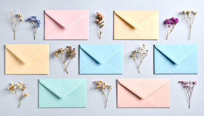 Pastel Correspondence: A charming composition of pastel-colored envelopes arranged artfully among delicate dried flowers, evoking feelings of thoughtfulness and creativity.