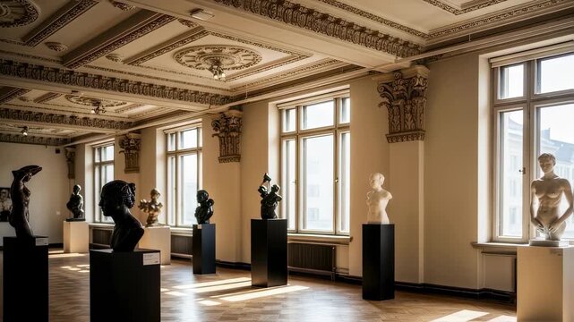 Artistic exhibition space emphasizing architectural details such as decorative cornices and sculptural art pieces.