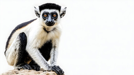 Close-up of a lemur, black and white markings, against a white background