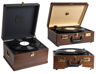 Vintage Record Player Isolated Set on White Background