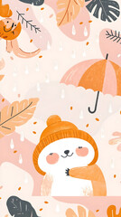 Cute cartoon animal under umbrella in a rain of falling leaves