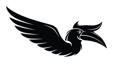 Monochrome illustration of a stylized hornbill in flight. A powerful and dynamic avian symbol for a logo or emblem design concept.