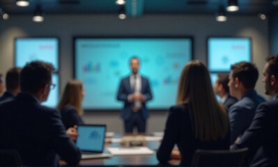 Obraz premium Corporate professionals attend a presentation in a modern conference room, attentively listening to a blurred speaker.
