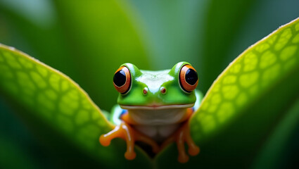 Obraz premium Adorable Iridescent Green Frog with Big Curious Eyes Peeking Between Lush Green Leaves