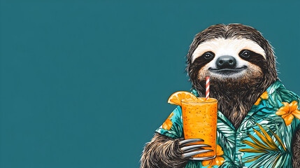 Sloth in a Hawaiian shirt drinking a juice