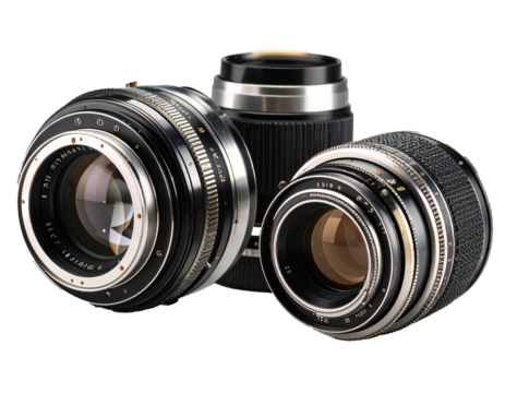 Vintage Camera Lens Collection Isolated on White Background