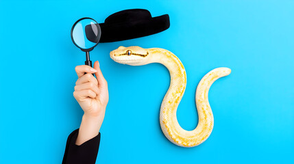 A snake, magnifying glass, and hat on a vibrant blue background. A hand holding the magnifying glass in a detective-like arrangement