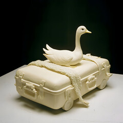 A white goose atop a white suitcase