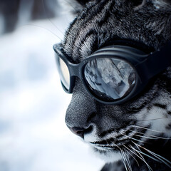 A cat wearing cool winter goggles in the snow