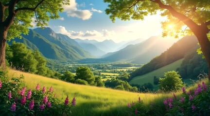 a serene landscape featuring a tranquil backdrop of natural scenery, set in an inviting environment perfect for relaxation or outdoor activities